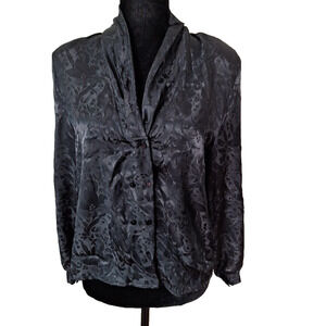 Vintage 80s Black Shawl Collar Blouse Embossed Satin Women Petite Medium